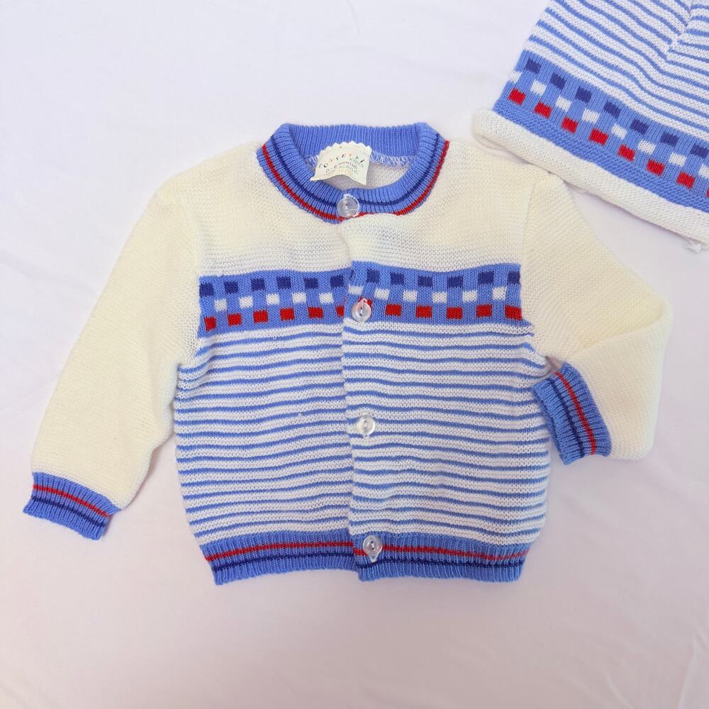 Vintage 80s Confetti Knits Knit Striped Cardigan & Matching Hat Set Sz 0-6 mo - Picture 2 of 9